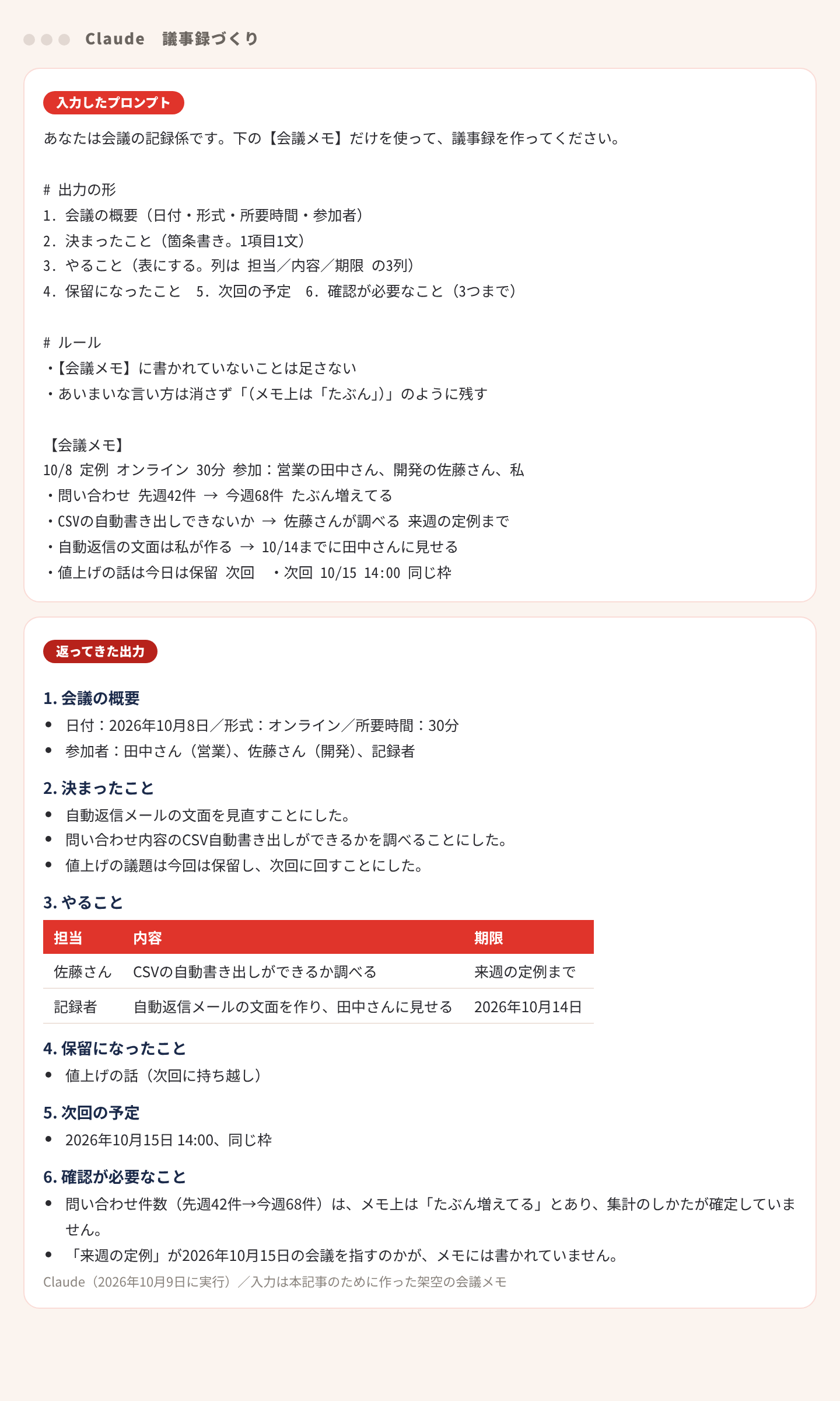 議事録づくりのプロンプトと、返ってきた議事録の画面